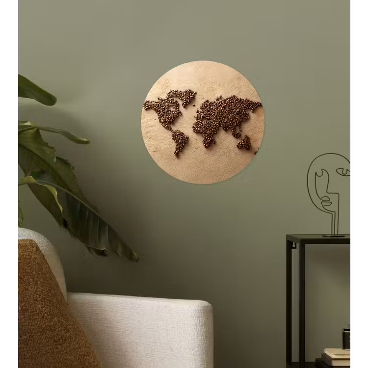 Wereldkaart - Zandkleur - Koffiebonen Wandcirkel behangsticker klein -sfeer2
