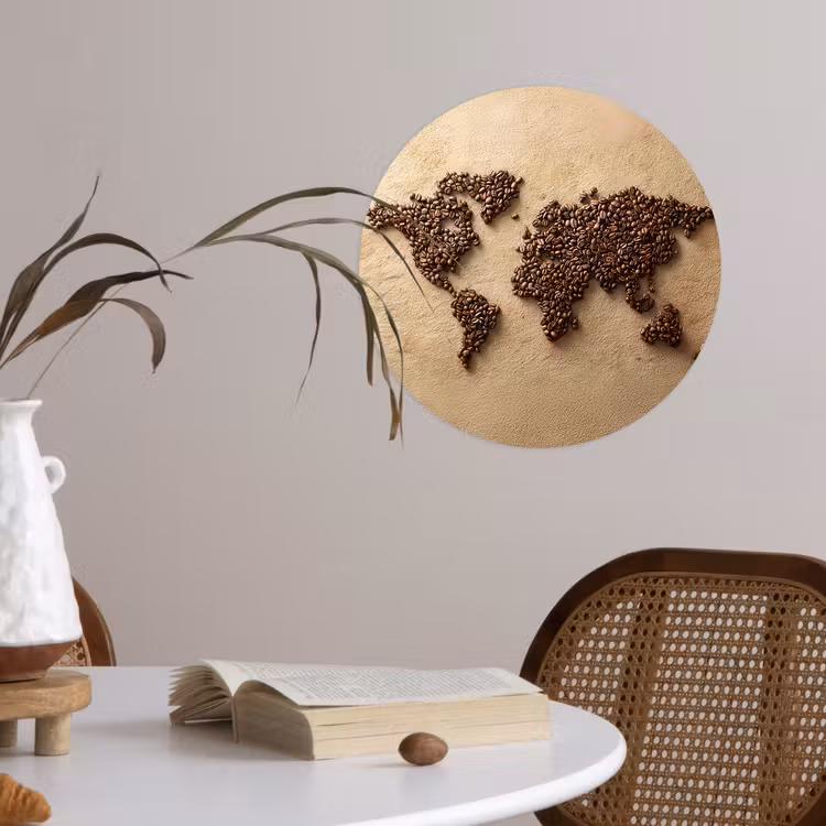 Wereldkaart - Zandkleur - Koffiebonen Wandcirkel behangsticker klein -sfeer3