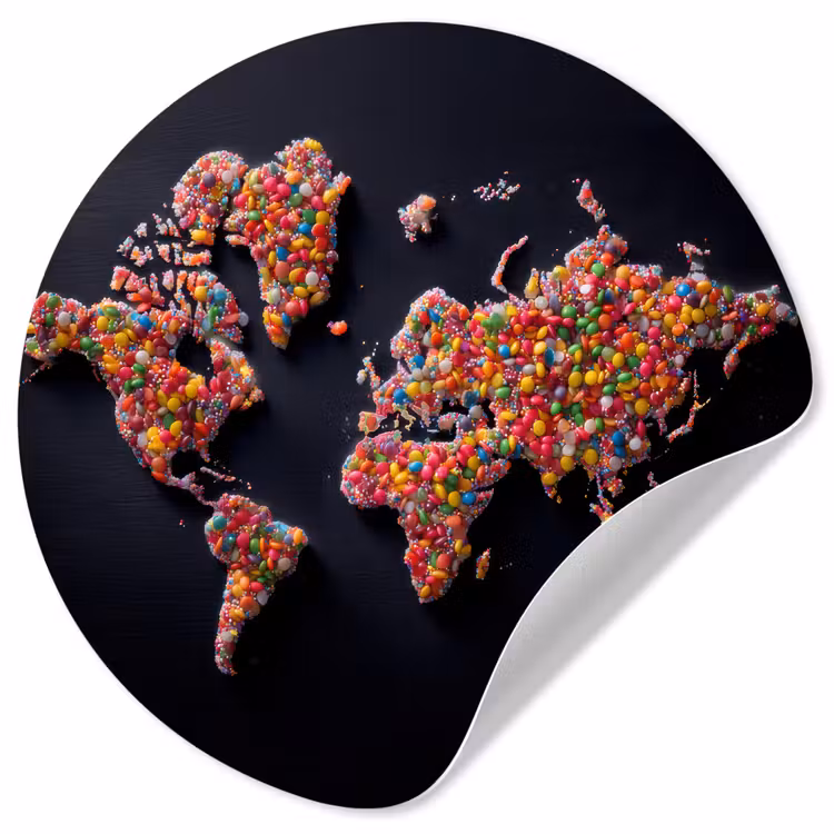 Wereldkaart - Snoepjes - Felle kleuren Wandcirkel behangsticker klein -3d