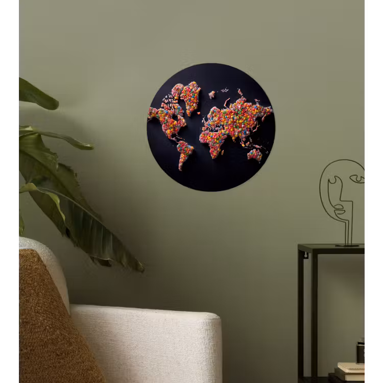 Wereldkaart - Snoepjes - Felle kleuren Wandcirkel behangsticker klein -sfeer2
