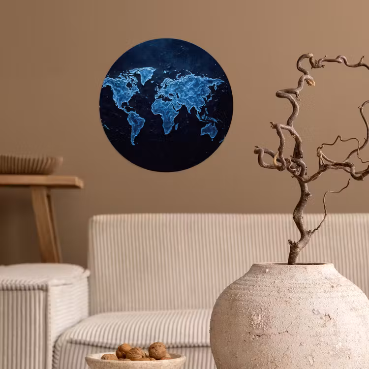 Wereldkaart - Waterstructuur - Blauw Wandcirkel behangsticker klein -sfeer1
