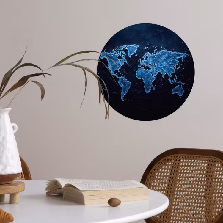 Wereldkaart - Waterstructuur - Blauw Wandcirkel behangsticker klein -sfeer3