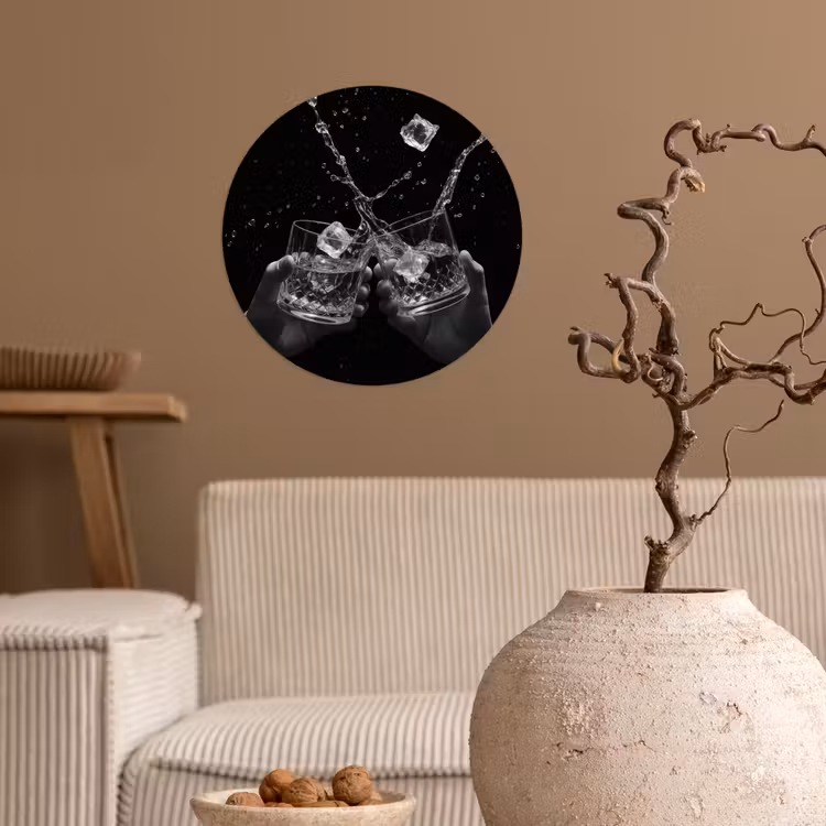 Whickyglazen - Ijs - Spetters - Zwart Wandcirkel behangsticker klein -sfeer1