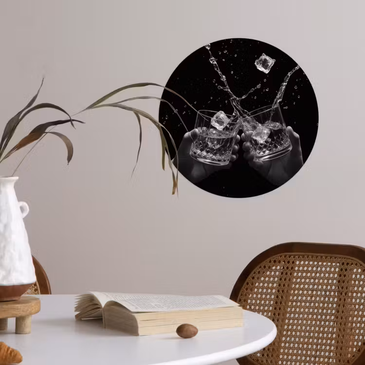 Whickyglazen - Ijs - Spetters - Zwart Wandcirkel behangsticker klein -sfeer3