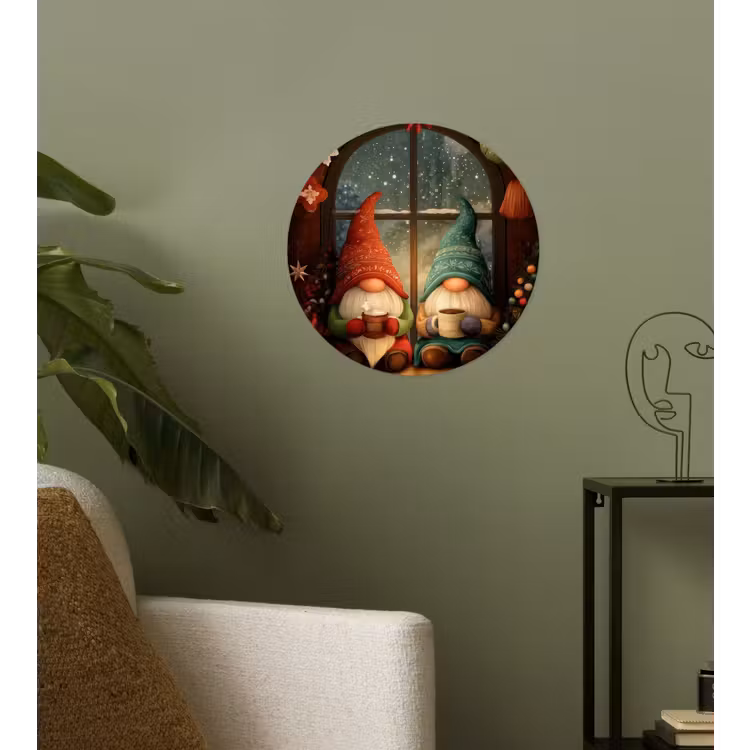 Gnooms - Kerst - Raam - Kleurrijk Wandcirkel behangsticker klein -sfeer2