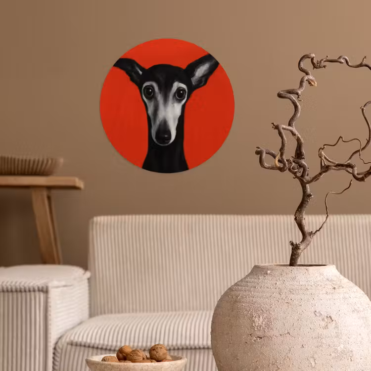 Windhond - Minimalistisch - Rood Wandcirkel behangsticker klein -sfeer1