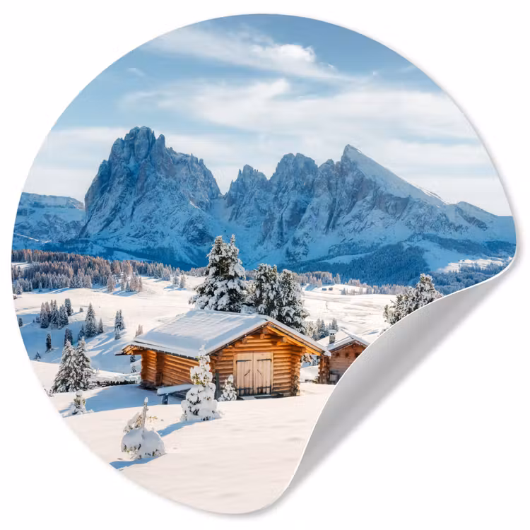 Winter - Huisje - Bergen - Uitzicht - Sneeuw Wandcirkel behangsticker klein -3d