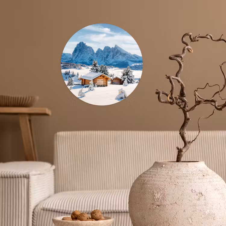 Winter - Huisje - Bergen - Uitzicht - Sneeuw Wandcirkel behangsticker klein -sfeer1
