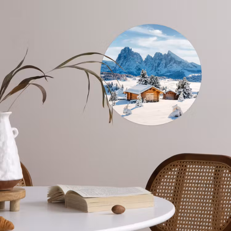 Winter - Huisje - Bergen - Uitzicht - Sneeuw Wandcirkel behangsticker klein -sfeer3