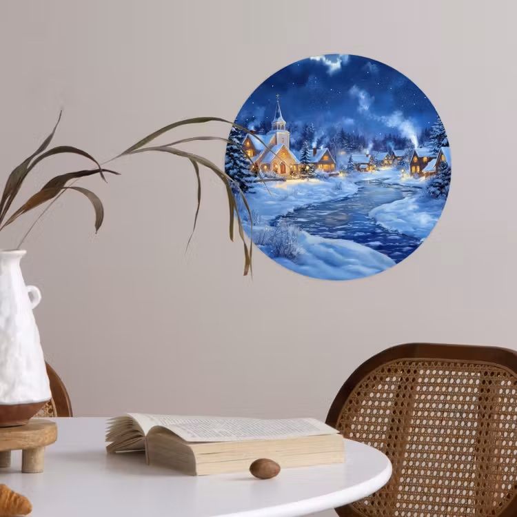Winteravond - Kerstdorp - Donker Wandcirkel behangsticker klein -sfeer3