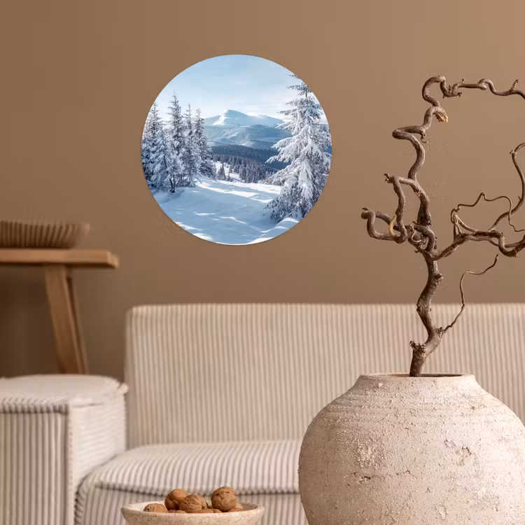 Winterlandschap - Natuur - Berg - Bomen - Sneeuw Wandcirkel behangsticker klein -sfeer1