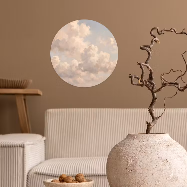 Wolken - Zacht - Natuur - Klassiek - Beige Wandcirkel behangsticker klein -sfeer1