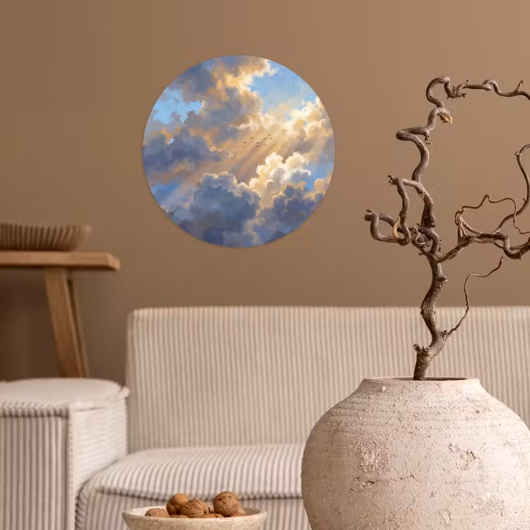 Wolken - Zonnestralen - Natuur - Abstract - Blauw Wandcirkel behangsticker klein -sfeer1