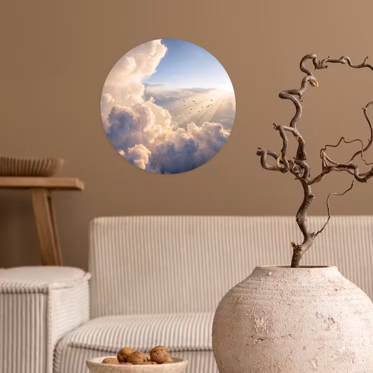 Wolken - Zonnestralen - Natuur - Wit Wandcirkel behangsticker klein -sfeer1
