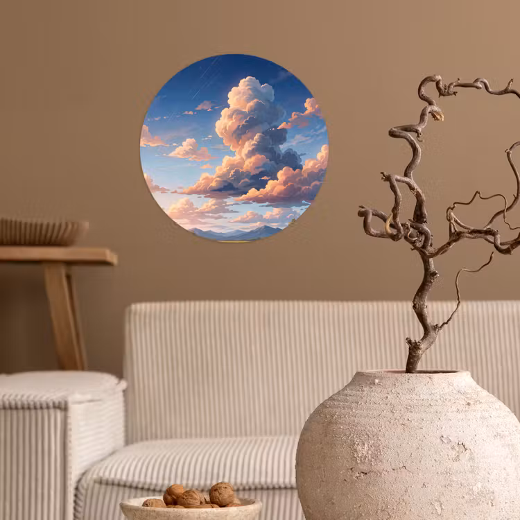 Wolken - Daghemel - Natuur - Illustratie - Oranje Wandcirkel behangsticker klein -sfeer1