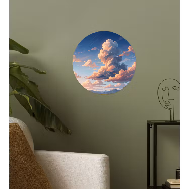 Wolken - Daghemel - Natuur - Illustratie - Oranje Wandcirkel behangsticker klein -sfeer2