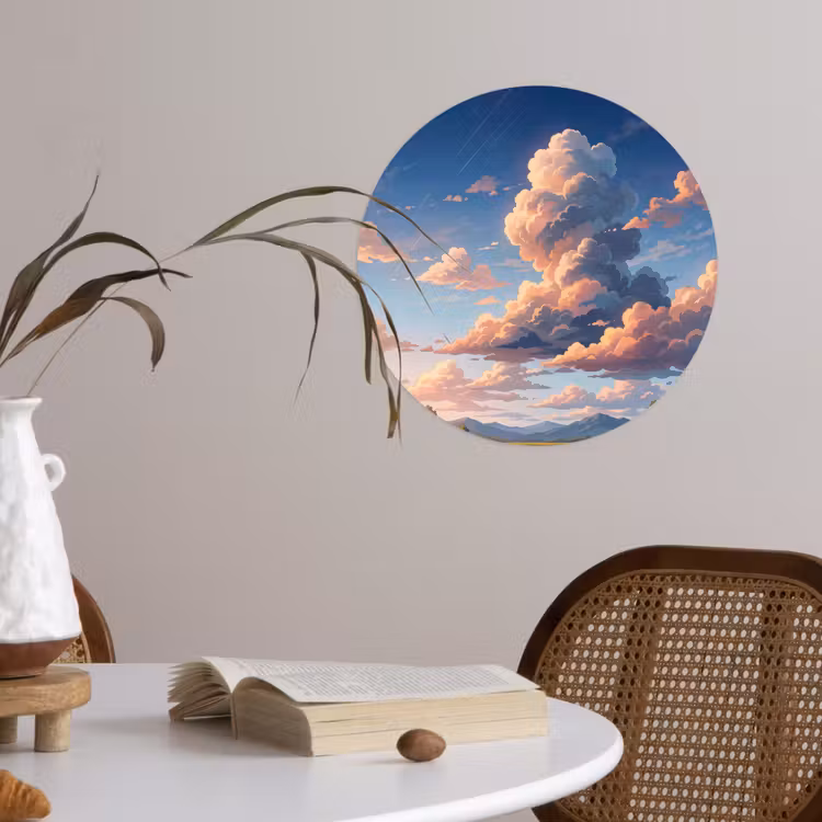 Wolken - Daghemel - Natuur - Illustratie - Oranje Wandcirkel behangsticker klein -sfeer3