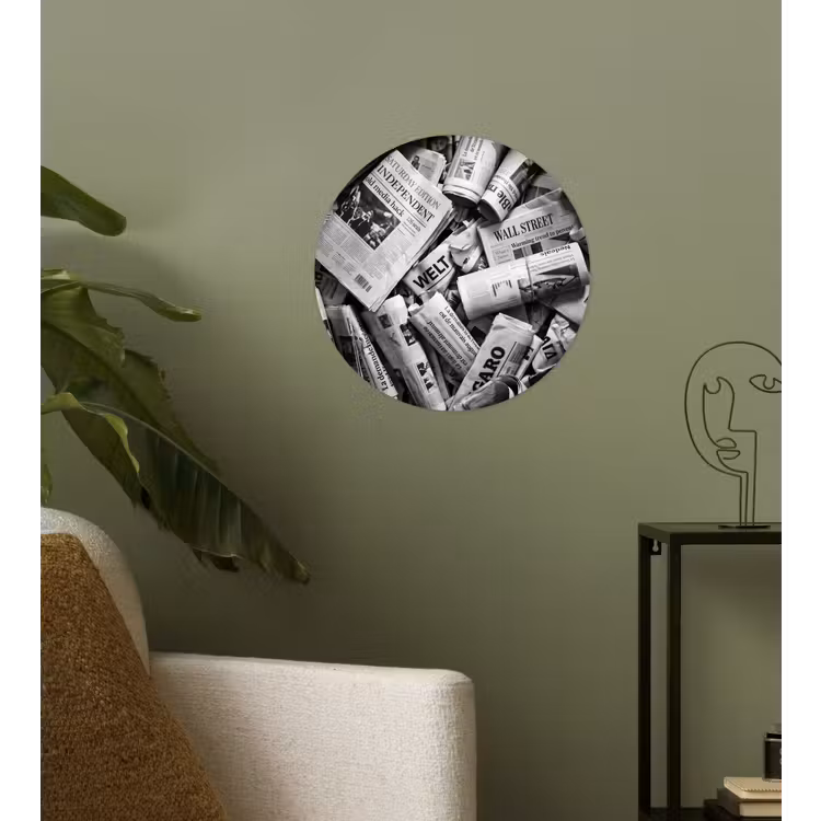 Krant - Stapel - Nieuws - Zwart-wit Wandcirkel behangsticker klein -sfeer2