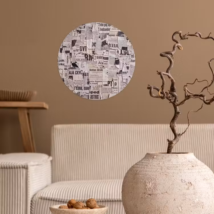 Krant - Gescheurd - Textuur - Abstract - Zwart-wit Wandcirkel behangsticker klein -sfeer1
