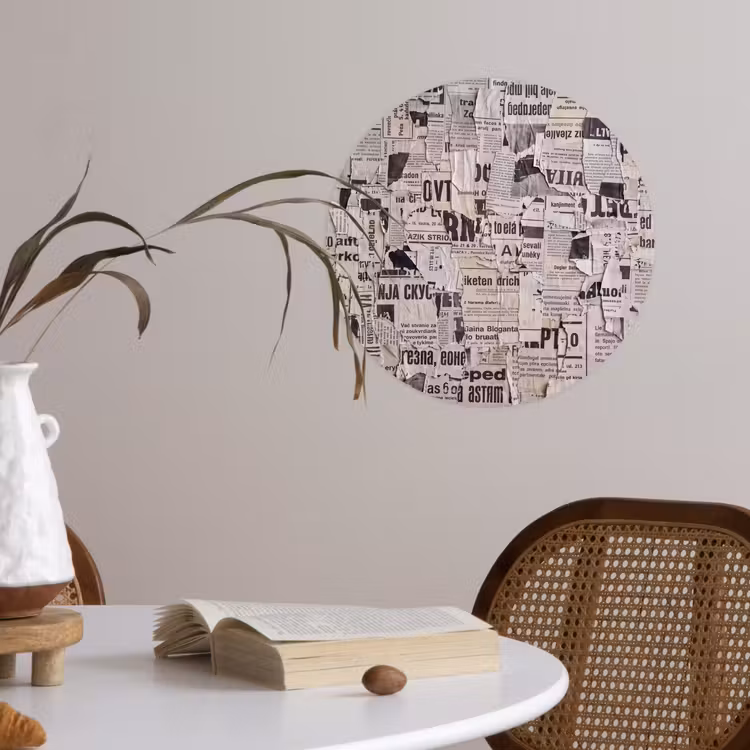 Krant - Gescheurd - Textuur - Abstract - Zwart-wit Wandcirkel behangsticker klein -sfeer3