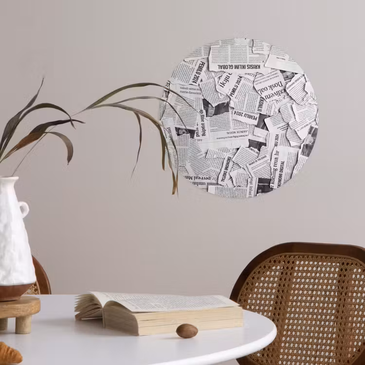 Krant - Versnipperd - Textuur - Zwart-wit - Abstract Wandcirkel behangsticker klein -sfeer3