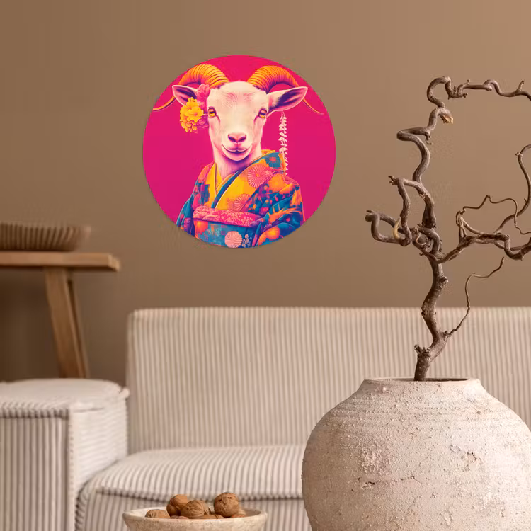 Geit - Hoorns - Kimono - Kleurrijk Wandcirkel behangsticker klein -sfeer1