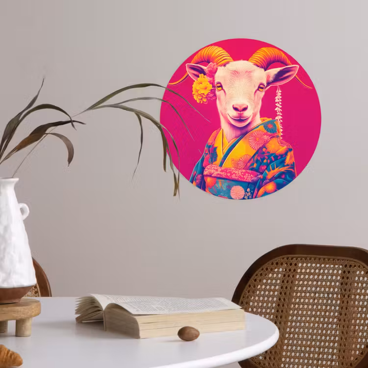 Geit - Hoorns - Kimono - Kleurrijk Wandcirkel behangsticker klein -sfeer3
