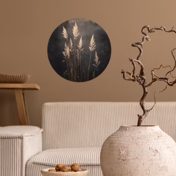 Siergras - Pluimen - Verlichting - Zwart Wandcirkel behangsticker klein -sfeer1