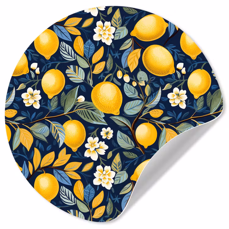 Citroenen - Bloemen - Bladeren - Blauw Wandcirkel behangsticker klein 186 -3d