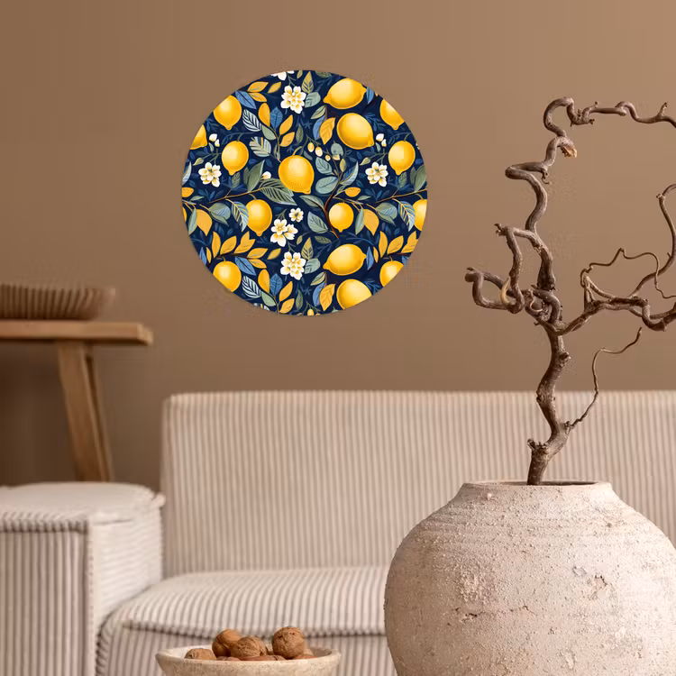 Citroenen - Bloemen - Bladeren - Blauw Wandcirkel behangsticker klein 186 -sfeer1