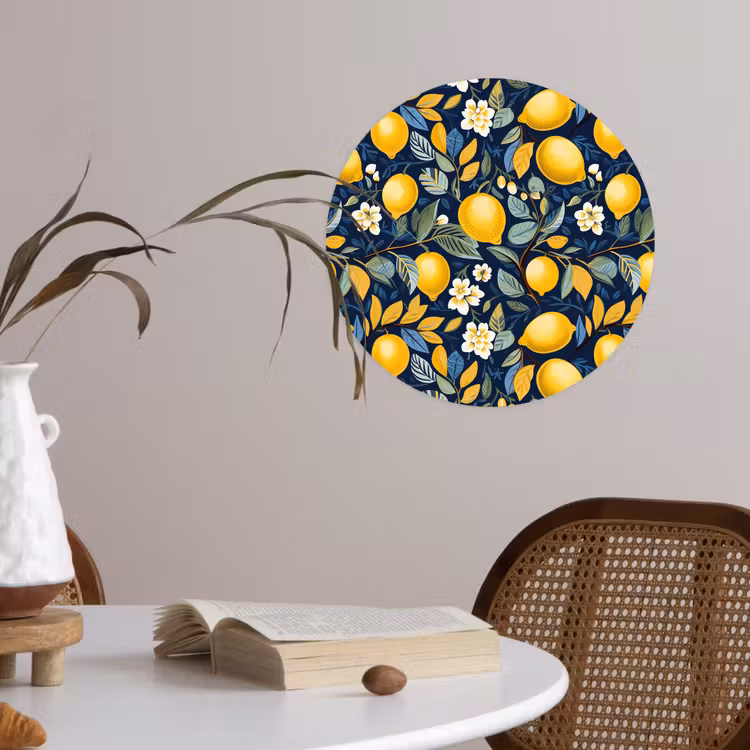 Citroenen - Bloemen - Bladeren - Blauw Wandcirkel behangsticker klein 186 -sfeer3