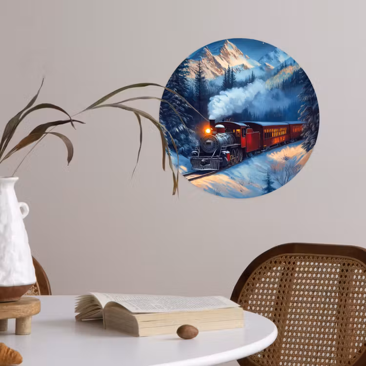 Trein - Kerst - Sneeuw - Kersttrein Wandcirkel behangsticker klein -sfeer3