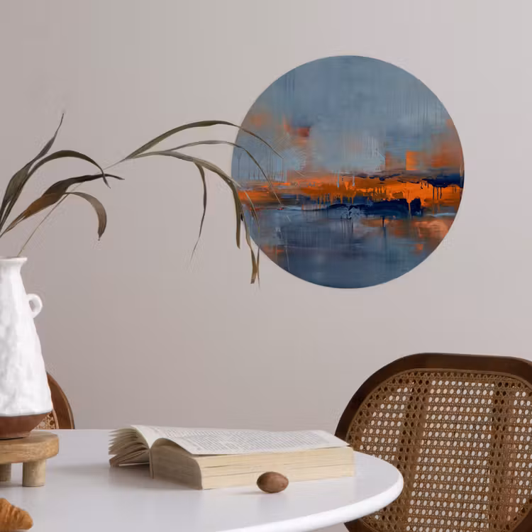 Abstract - Kleuren - Modern - Oranje - Grijs Wandcirkel behangsticker klein -sfeer3