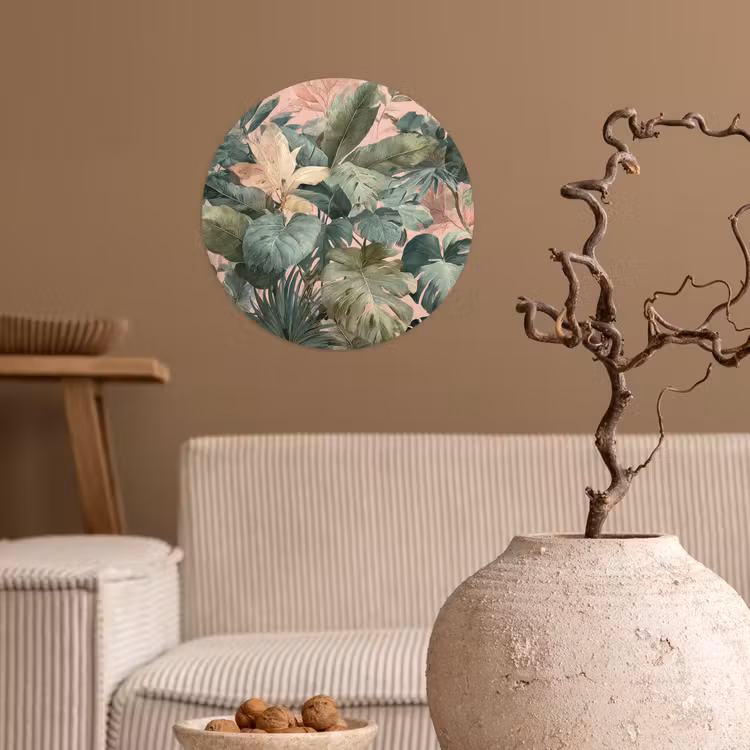 Compositie van bladeren - Groen - Roze Wandcirkel behangsticker klein -sfeer1