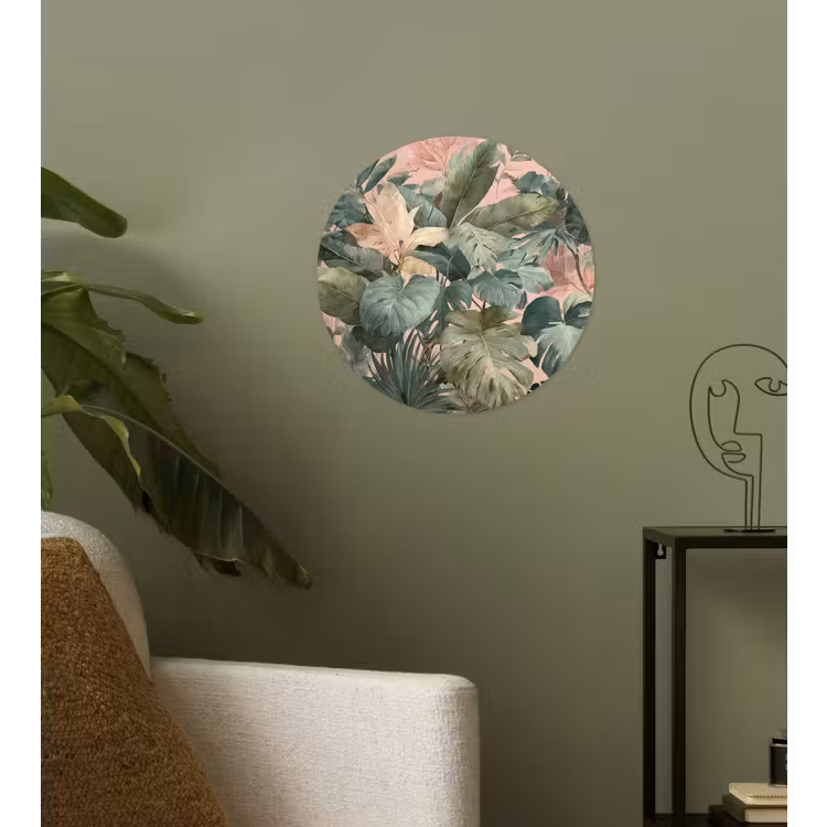 Compositie van bladeren - Groen - Roze Wandcirkel behangsticker klein -sfeer2