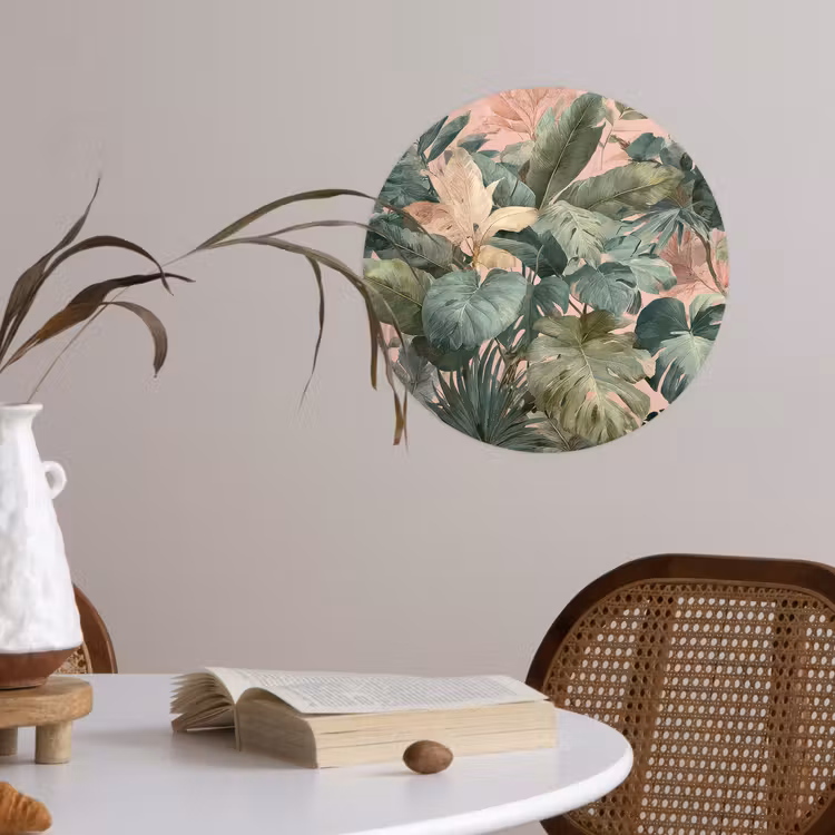 Compositie van bladeren - Groen - Roze Wandcirkel behangsticker klein -sfeer3