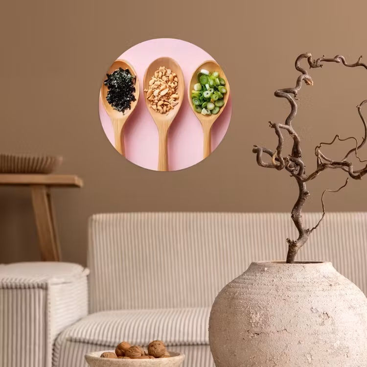 Ingrediënten - Lepels - Hout - Roze Wandcirkel behangsticker klein -sfeer1