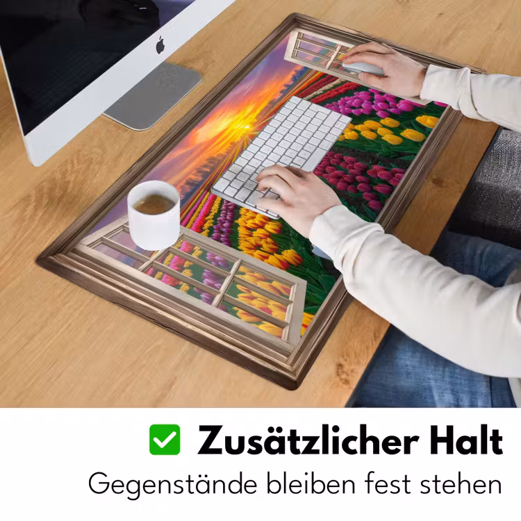 Doorkijk - Bloemen - Tulpen - Kleurrijk - Zonsondergang Muismat XXL klein -ysfeer3_duits