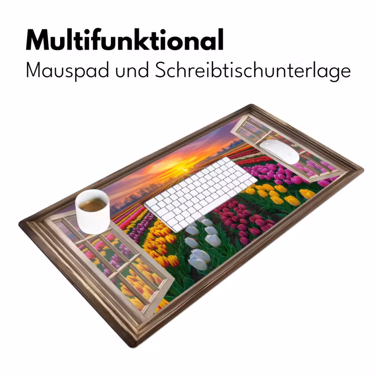 Doorkijk - Bloemen - Tulpen - Kleurrijk - Zonsondergang Muismat XXL klein -ysfeer4_duits