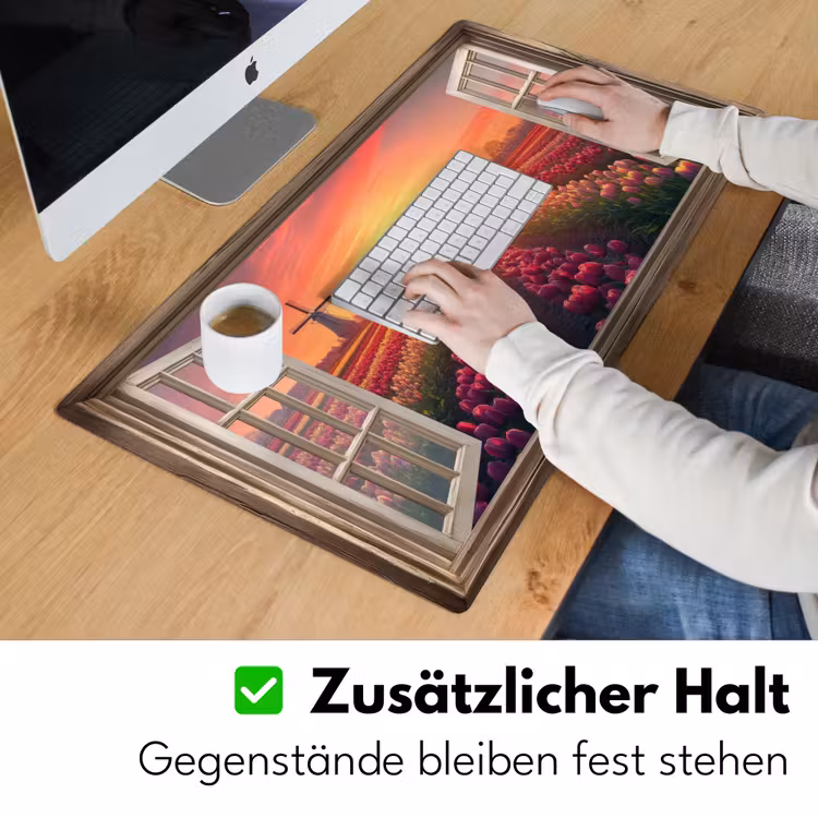 Doorkijk - Tulpen - Zonsondergang - Bloemen - Kleurrijk Muismat XXL klein -ysfeer3_duits