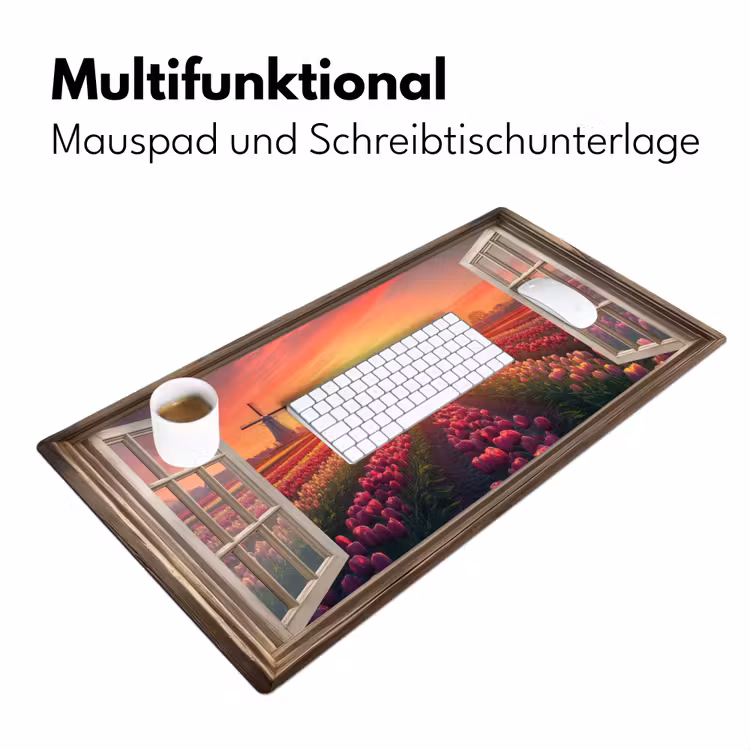 Doorkijk - Tulpen - Zonsondergang - Bloemen - Kleurrijk Muismat XXL klein -ysfeer4_duits