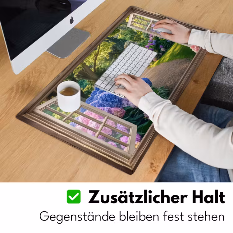 Doorkijk - Tuin - Raam - Hortensia - Bloemen Muismat XXL klein -ysfeer3_duits