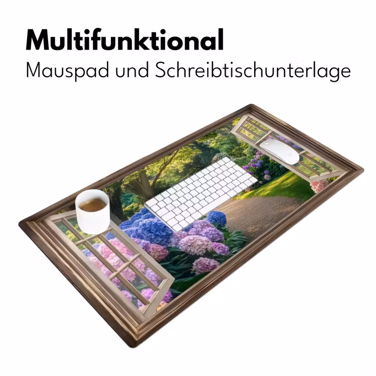 Doorkijk - Tuin - Raam - Hortensia - Bloemen Muismat XXL klein -ysfeer4_duits