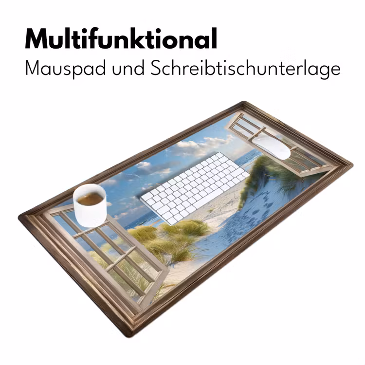 Doorkijk - Strand - Raam - Duinen - Zee Muismat XXL klein -ysfeer4_duits