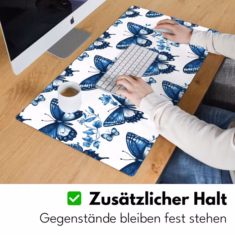 Blauw - Vlinders - Bloemen - Wit Muismat XXL klein 681 -ysfeer3_duits