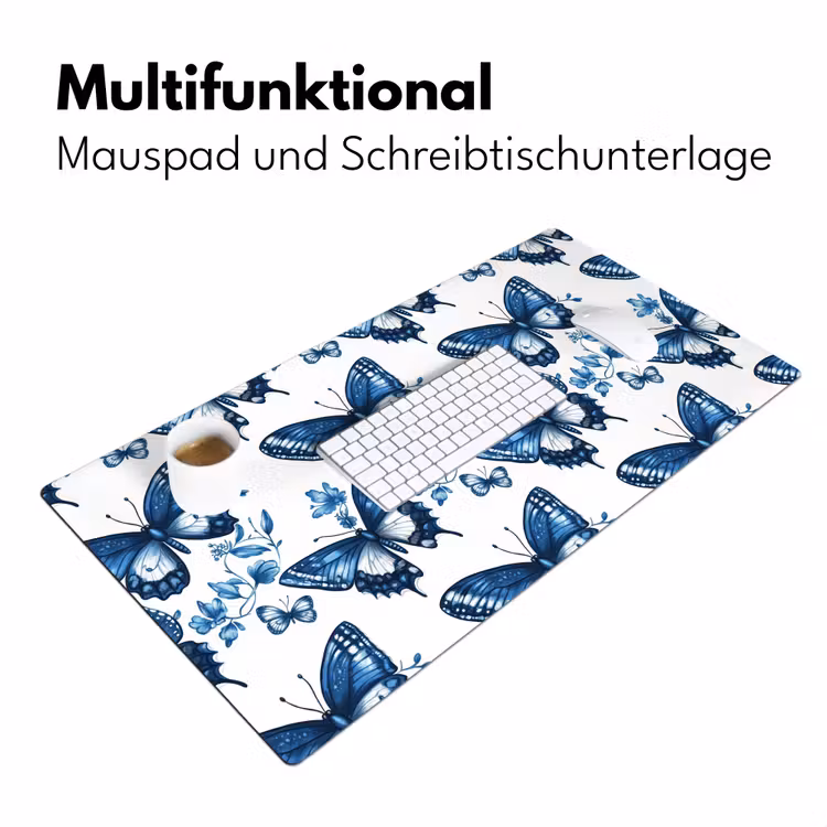 Blauw - Vlinders - Bloemen - Wit Muismat XXL klein 681 -ysfeer4_duits
