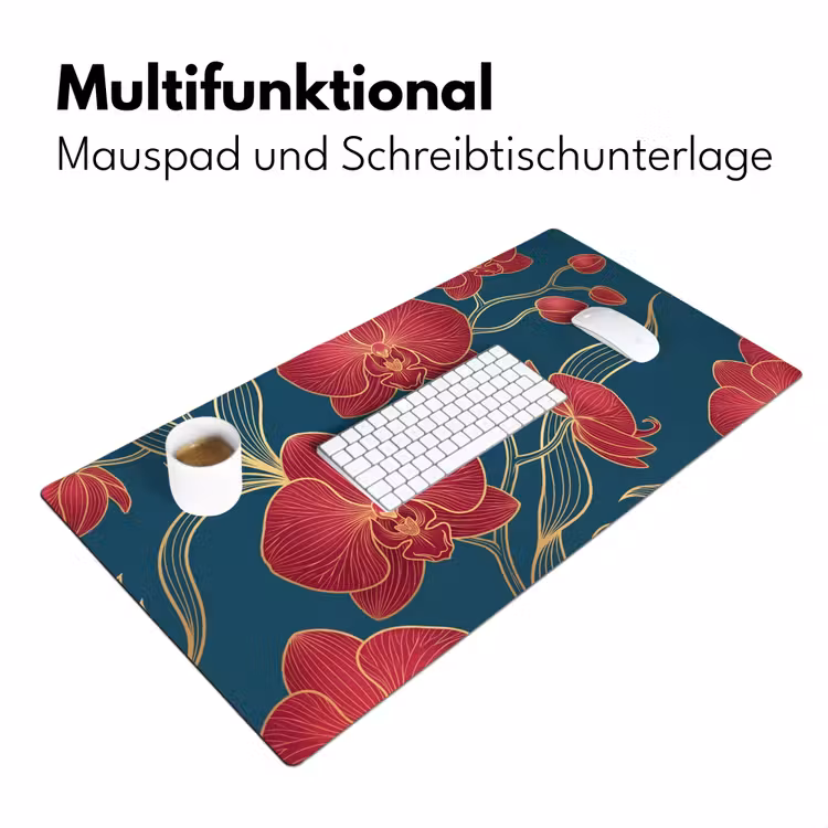 Schreibtischunterlage - Blumen – Rot – Gold - Bloemen - Rood - Goud Muismat XXL klein