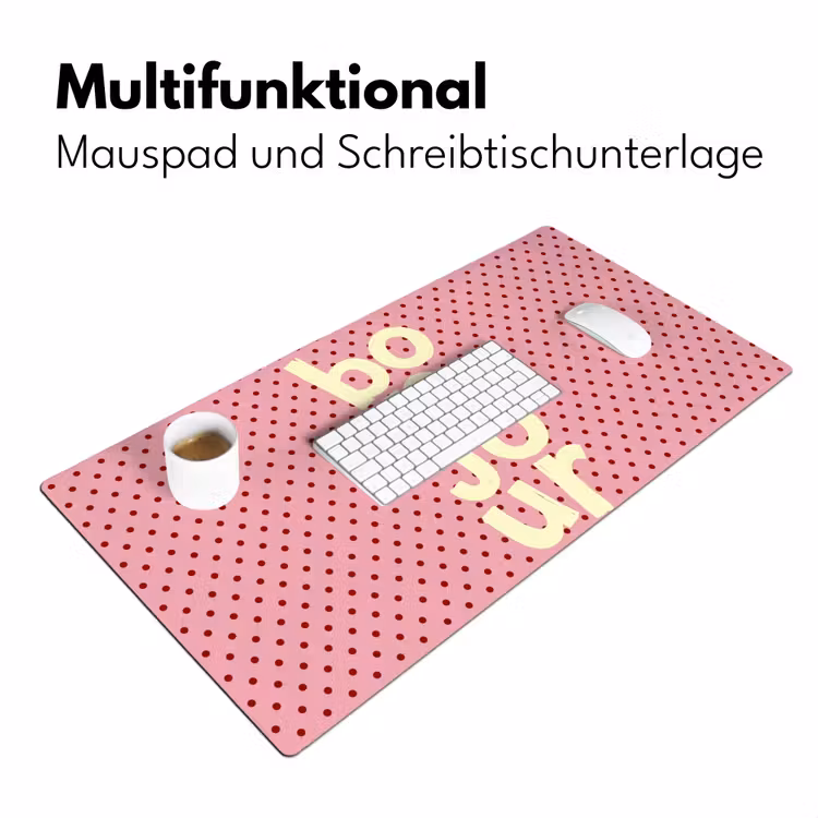 Bonjour - Stippen - Roze- Geel Muismat XXL klein -ysfeer4_duits