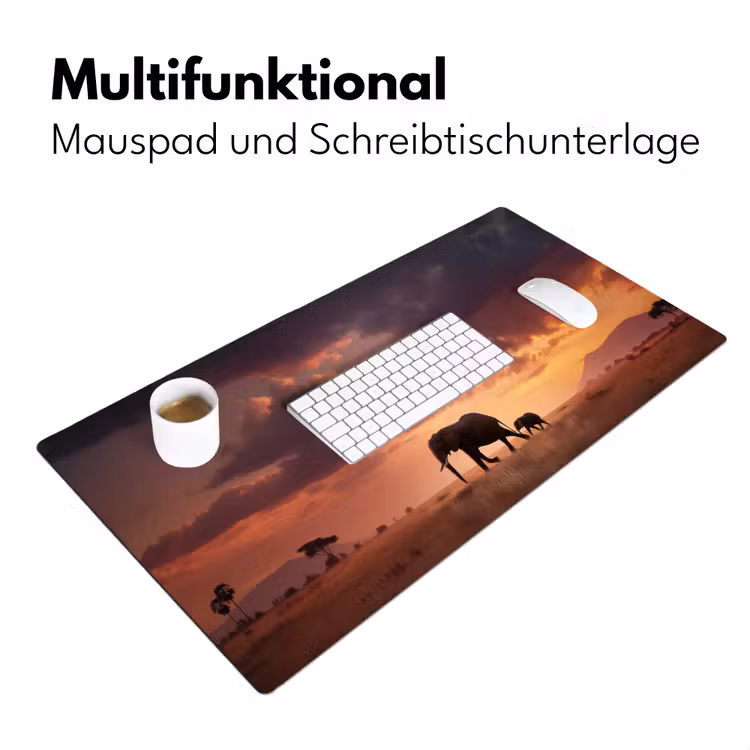Olifanten - Grasland - Zonsondergang Muismat XXL klein -ysfeer4_duits