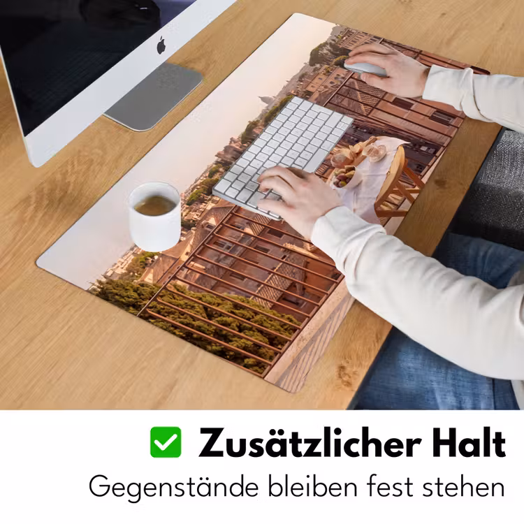 Schreibtischunterlage - Essen – Frühstück – Balkon – Stadt – Sonnenaufgang - Eten - Ontbijt - Balkon - Stad - Zonsopgang Muismat XXL klein